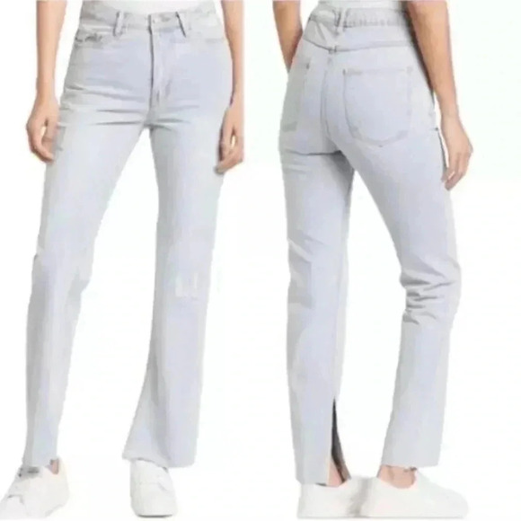 Avec Les Filles Split Hem Jeans High Rise Straight Leg Light Wash Distressed 29 - Picture 1 of 10
